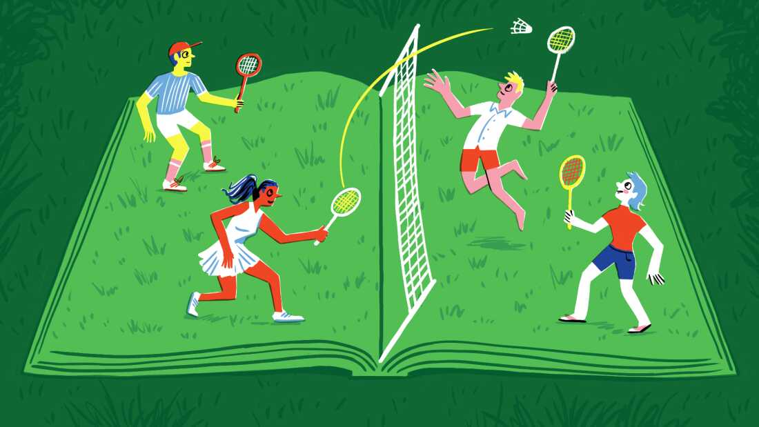An illustration of four badminton players playing on a grassy court that is shaped like an open book.