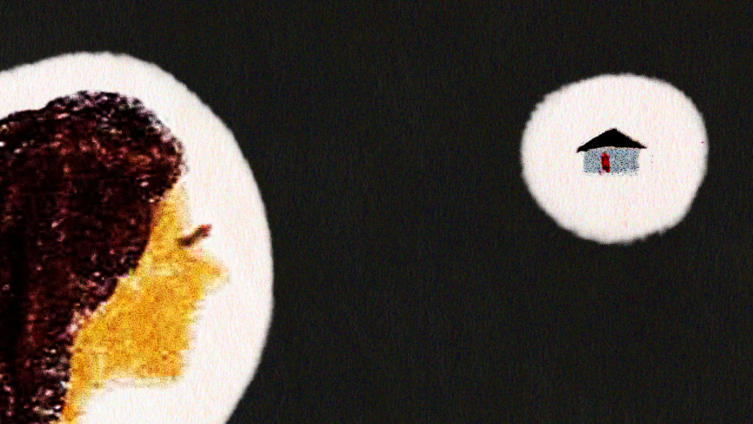 An illustration of a person looking at their home which is far off in the distance.