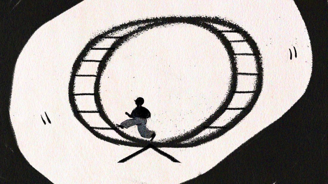 An illustration of a person running in a large hamster wheel.