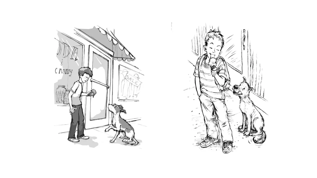 Images of Henry and Ribsy outside the ice cream parlor from two printings of Henry Huggins — with Tracy Dockray's illustration on the left and Jacqueline Rogers' version on the right.