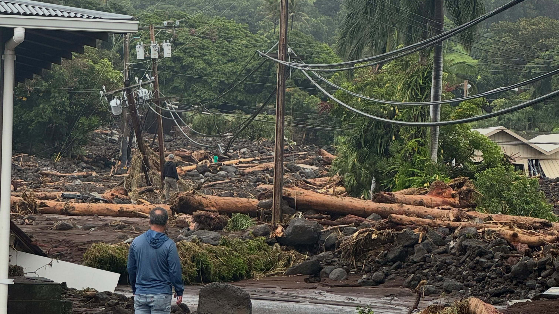Debris is seen strewn across a road in the Kaʻū district on Hawaiʻi Island on Aug. 16 after Hurricane Lala.