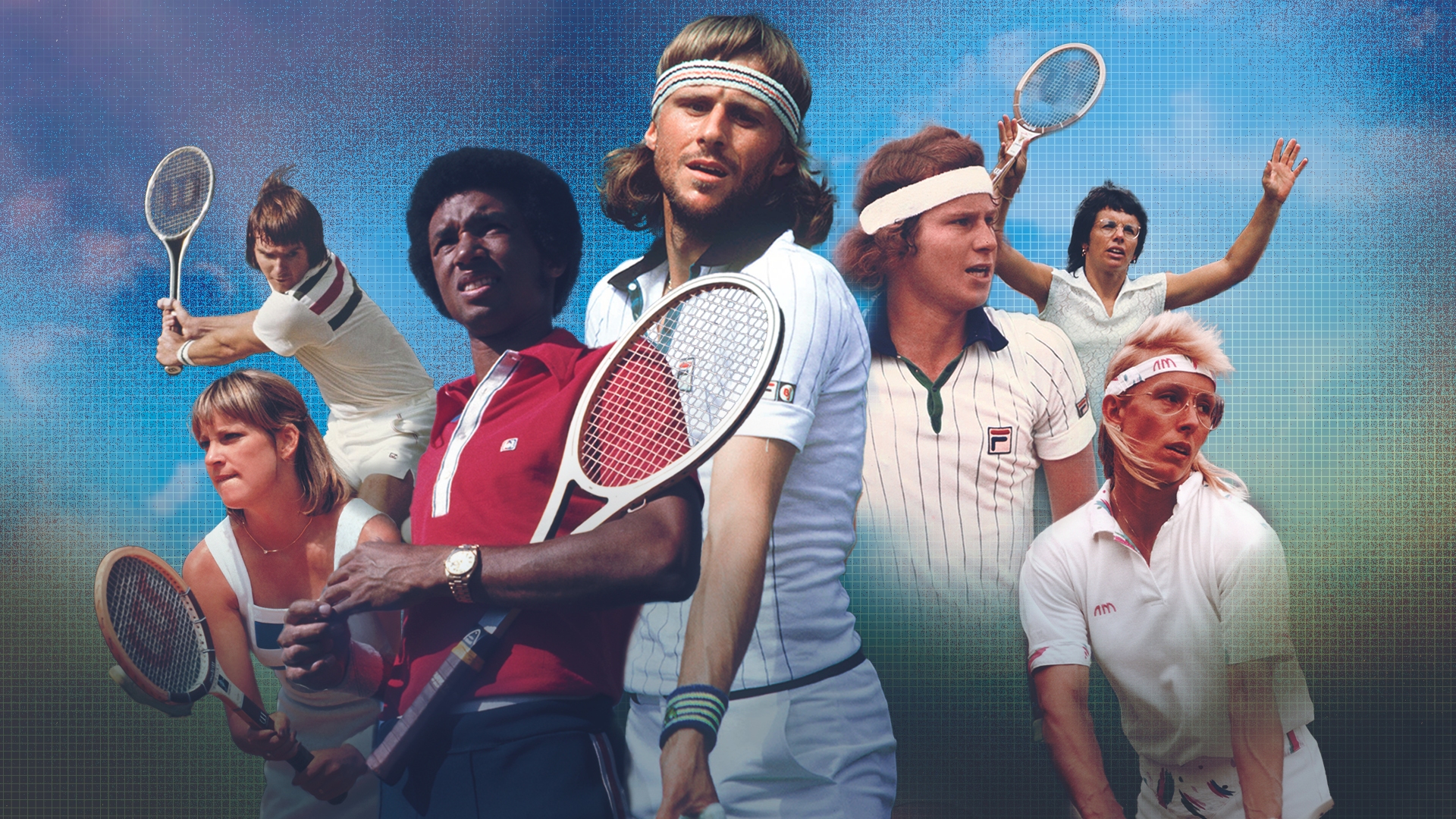 From left, Chris Evert, Jimmy Connors, Arthur Ashe, Bjorn Borg, John McEnroe, Billie Jean King and Martina Navratilova all feature in new documentary series, <em>Gods of Tennis.</em>