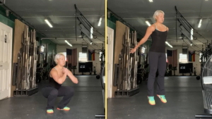 A diptych image of a jump squat exercise.