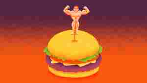 An image of a cheeseburger and a muscular man emerging from its bun