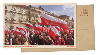 Supporters of Poland's law and Justice Party waving Polish flags during a rally in Warsaw.