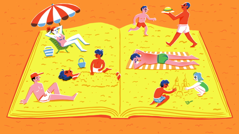 A colorful illustration of nine people relaxing and recreating on a beach. The sand is shaped like a big open book.