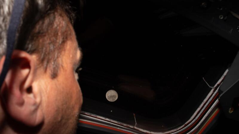 Astronaut Reid Wiseman looks out one of the Orion spacecraft's  windows at the moon ahead of the crew's lunar flyby. 