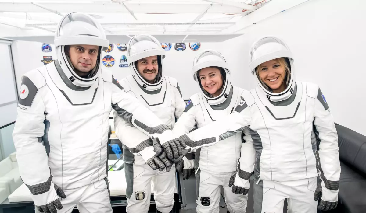 The four members of NASA's SpaceX Crew-12 mission pose for a portrait at SpaceX headquarters in Hawthorne, Calif. From left: Russian cosmonaut and Mission Specialist Andrey Fedyaev, NASA astronauts Jack Hathaway and Jessica Meir, pilot and commander respectively, and European Space Agency astronaut and Mission Specialist Sophie Adenot.