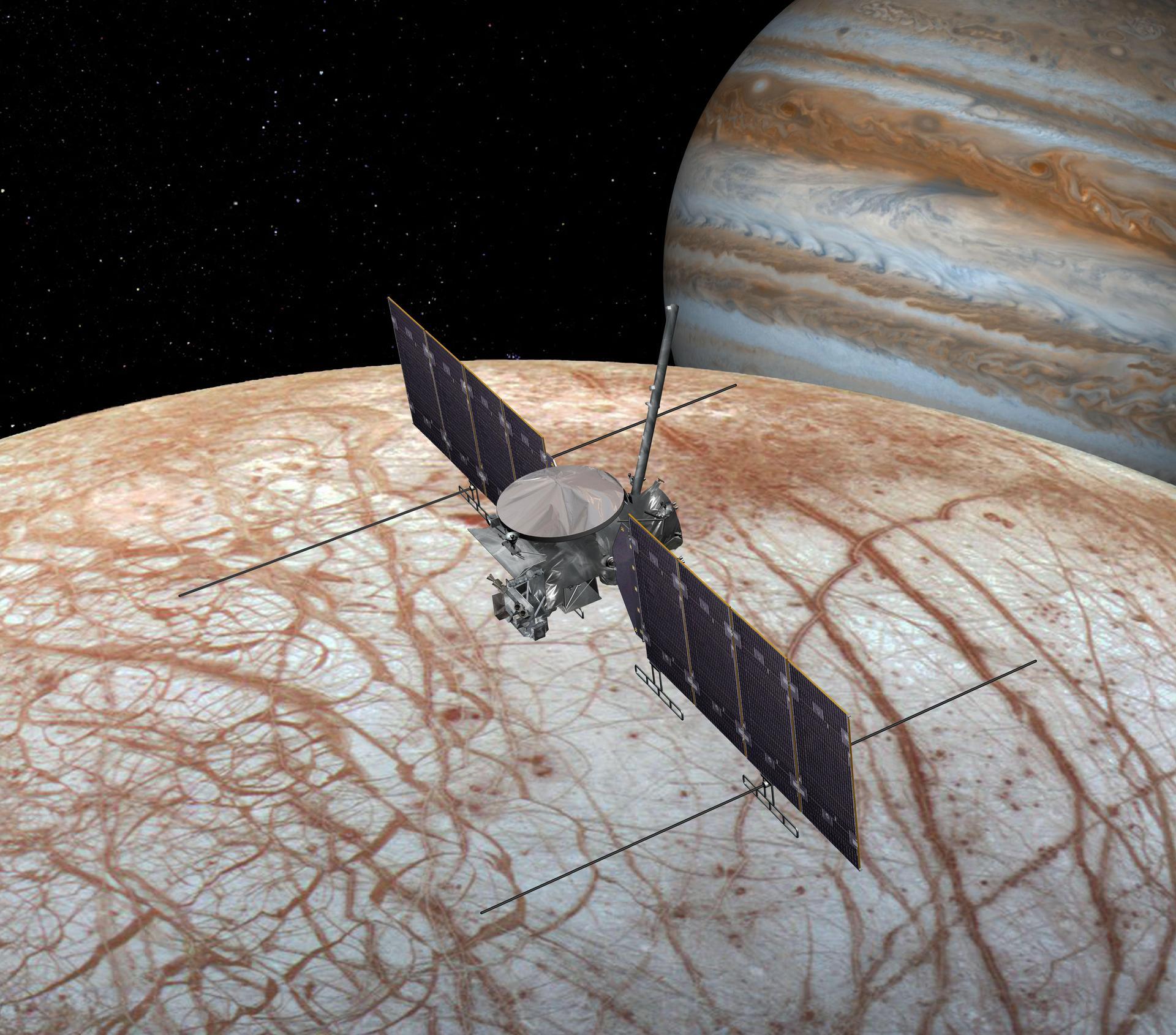 This artist's impression shows the Europa Clipper mission, which is headed to an icy moon of Jupiter.