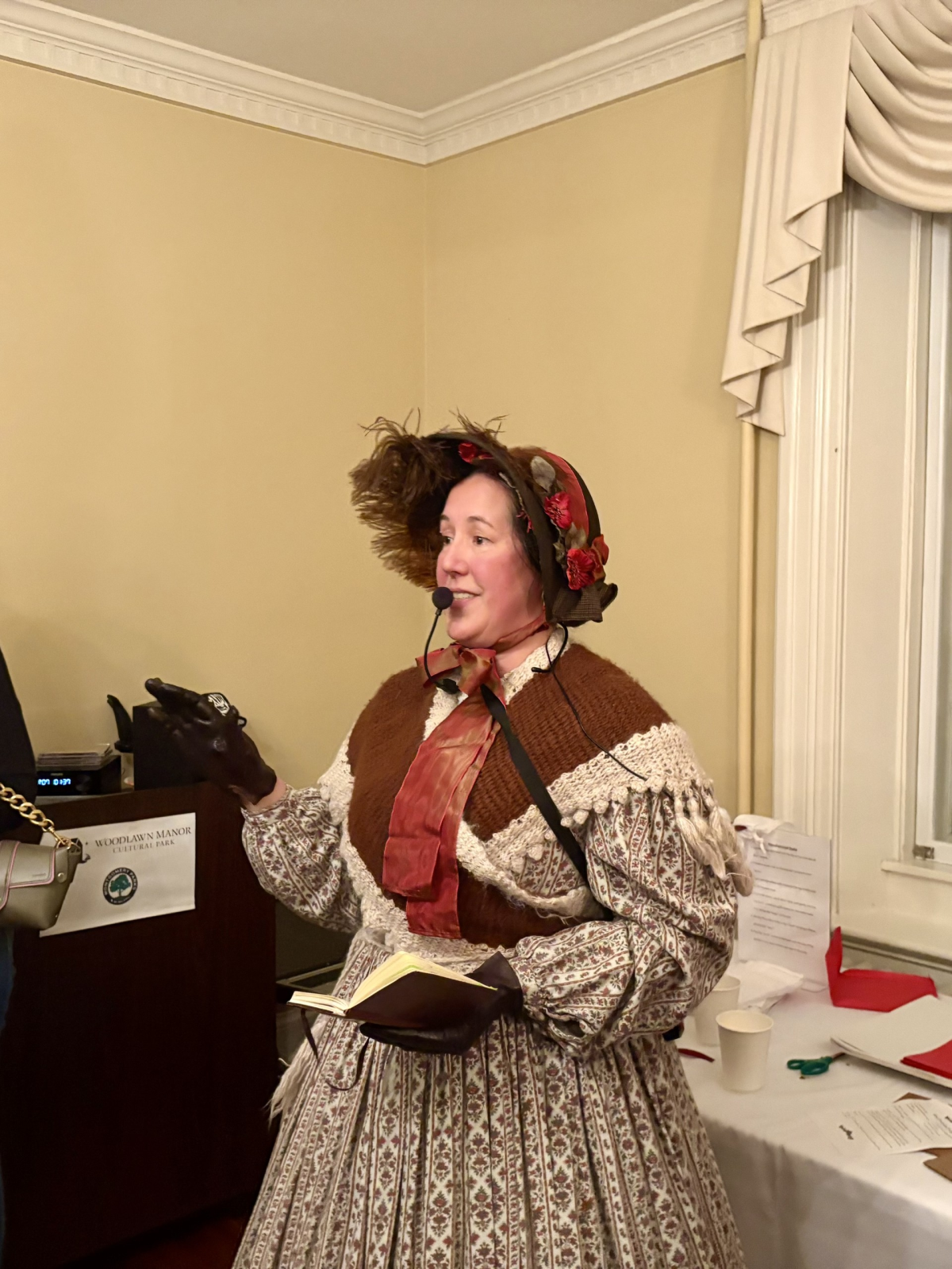 Angela Yau, a site manager for the Montgomery County parks department who also works in cultural and natural history interpretation, wears an 1840s-style dress while teaching Victorian dances to the room.