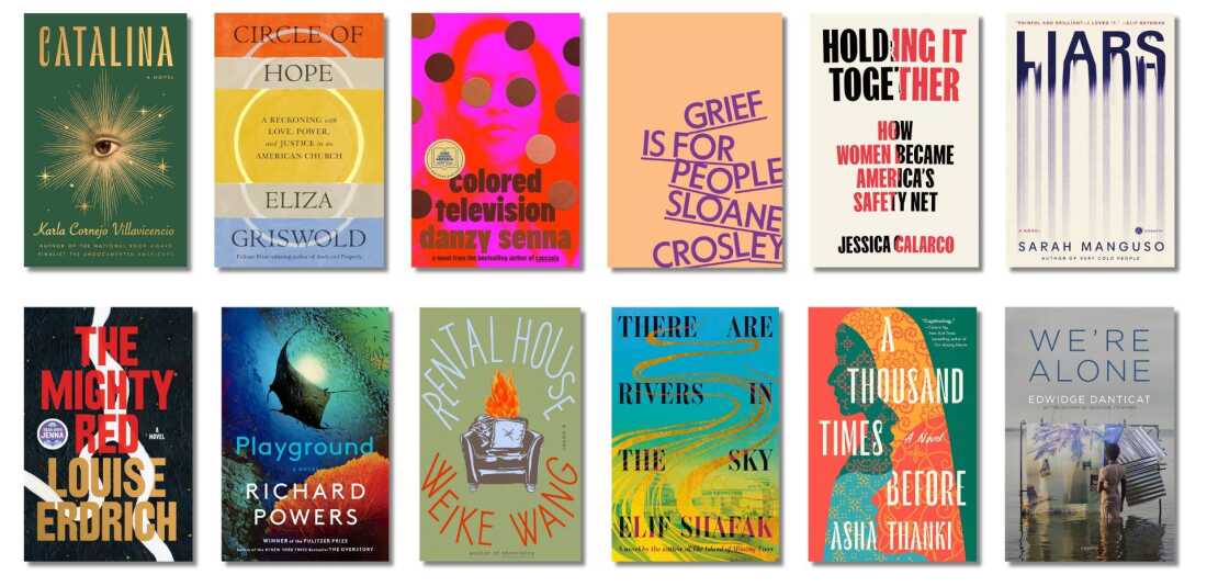 Clockwise from top left: Book covers of Catalina; Circle of Hope; Colored Television; Grief Is for People; Holding It Together; Liars; The Mighty Red; Playground; Rental House; There Are Rivers in the Sky; A Thousand Times Before; We're Alone
