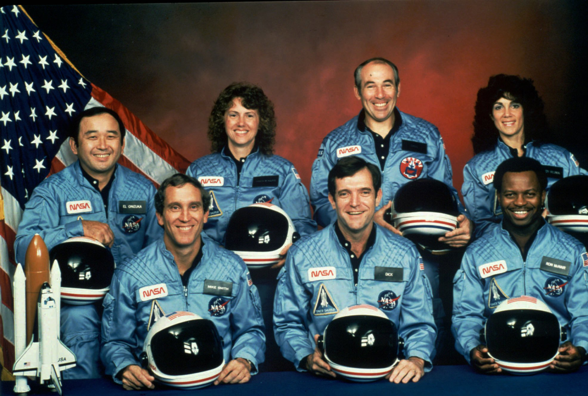 The crew of the space shuttle Challenger. Front row from left are Michael Smith, Dick Scobee and Ronald McNair. Back row from left are Ellison Onizuka, Christa McAuliffe, Gregory Jarvis and Judith Resnik.