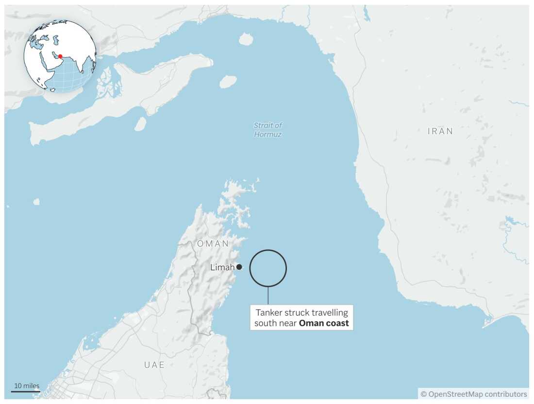 Map showing where a tanker was struck in the Strait of Hormuz.
