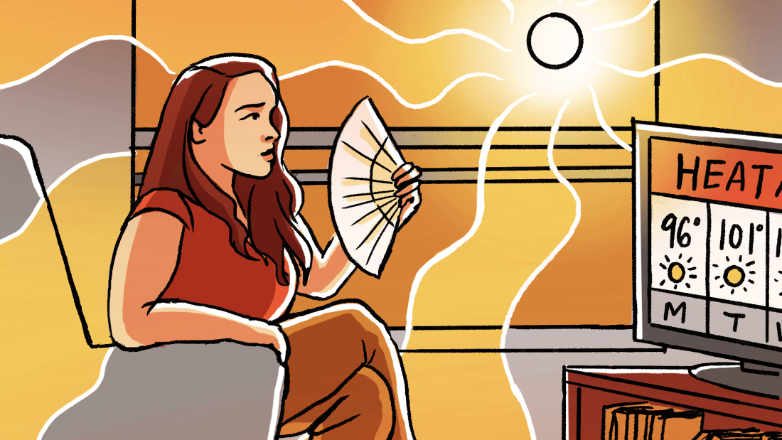 An illustration of a woman sitting inside, fanning herself, as she watches a heat advisory on TV. Behind her, the sun's rays glow through the window and suffuse the room with heat.