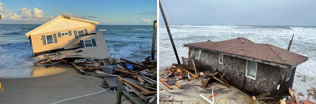 Each of these two photos shows a house that collapsed into shallow water at the ocean's edge. Debris such as pieces of wood are piled up near the houses.
