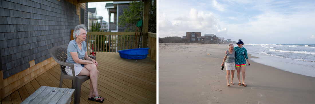 The photo on the left shows Susan Clarke, who's sitting outdoors on a plastic chair on a wooden porch. She's wearing a V-neck T-shirt, light-colored shorts and flip-flops. In the photo on the right, Susan Clarke and her daughter, Bonnie Clarke Lattimore, walk on the beach. On the right side of the frame, ocean water laps the beach. In the background is a row of beachfront houses.