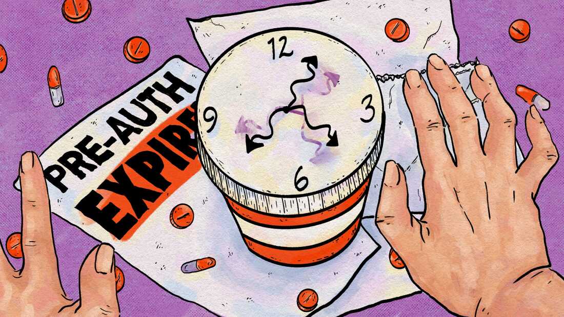 An illustration shows a prescription pill bottle from a high-angle, first person perspective. The medicine bottle sits amongst scattered pills and on a pile of papers reading "Pre-auth expired." The top of the pill bottle is a clock with wonky hands spinning quickly around, symbolizing time running out.