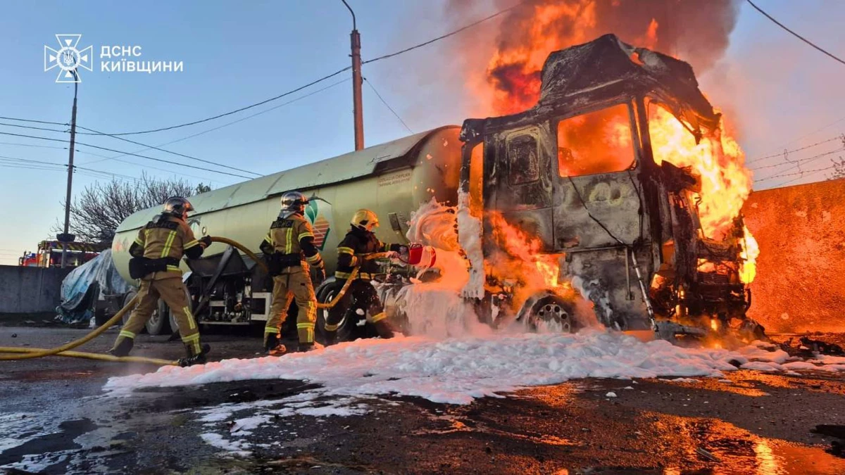 In this photo, provided by the Ukrainian Emergency Service, emergency services personnel work to extinguish a fire a vehicle following a Russian drone attack in Kyiv region, Ukraine, Tuesday, May 5, 2026.