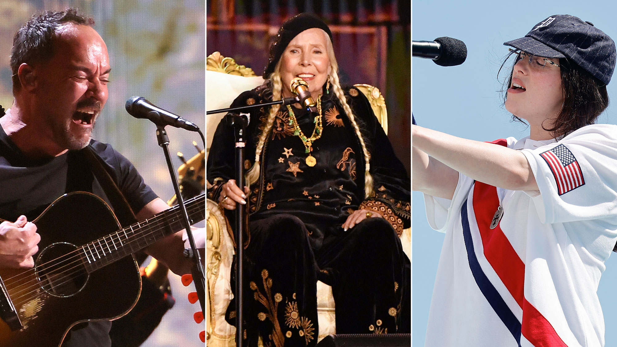 Dave Matthews (from left), Joni Mitchell and Billie Eilish are just some of the musicians performing at the Jan. 30 FireAid benefit concert in Los Angeles in support of those impacted by the Southern California wildfires.