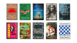 Book covers of: Now I Surrender, by Alvaro Enrigue, translated from the Spanish by Natasha Wimmer; Days of Love and Rage, by Anand Gopal; A Far-flung Life, by M.L. Stedman; You with the Sad Eyes: A Memoir, by Christina Applegate; In the Days of My Youth I Was Told What It Means to Be a Man, by Tom Junod; Hooked: A Novel of Obsession, by Asako Yuzuki, translated from the Japanese by Polly Barton; Under Water, by Tara Menon; Python&rsquo;s Kiss: Stories, by Louise Erdrich; Seasons of Glass and Iron: Stories, by Amal El-Mohtar; Son of Nobody, by Yann Martel