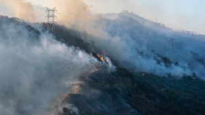 A portion of the Palisades fire burns in the hills of Los Angeles last January. After the LA fires, misinformation on social media had an impact on state policy.