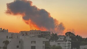 Smoke rises from Israeli airstrikes in Beirut, seen from Baabda, Friday.