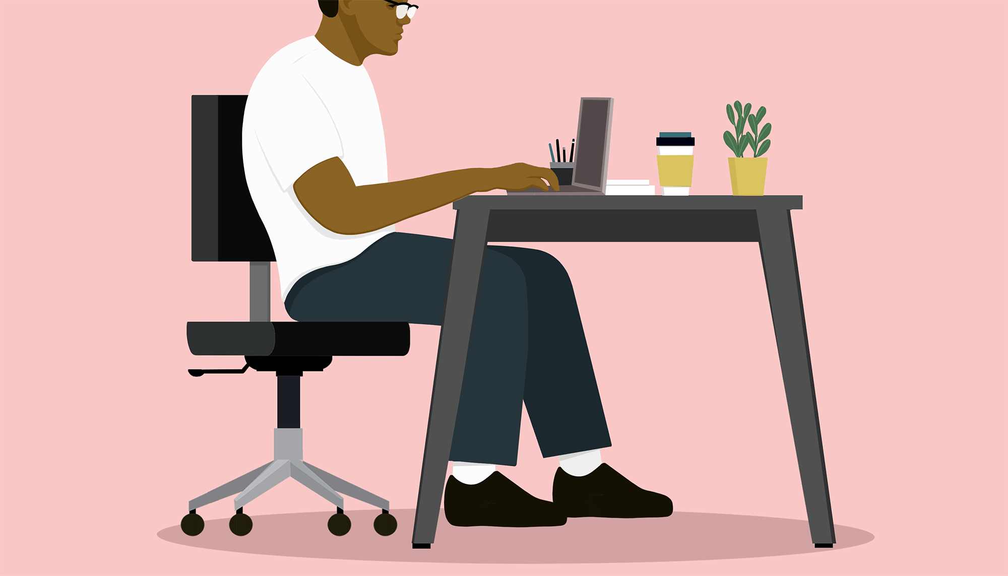 Animated illustrated gif of a man wearing a white T-shirt and slacks and sitting at a desk with a cup of coffee and a plant as he works on a laptop and fidgets, tapping his foot up and down in front of a light pink background.