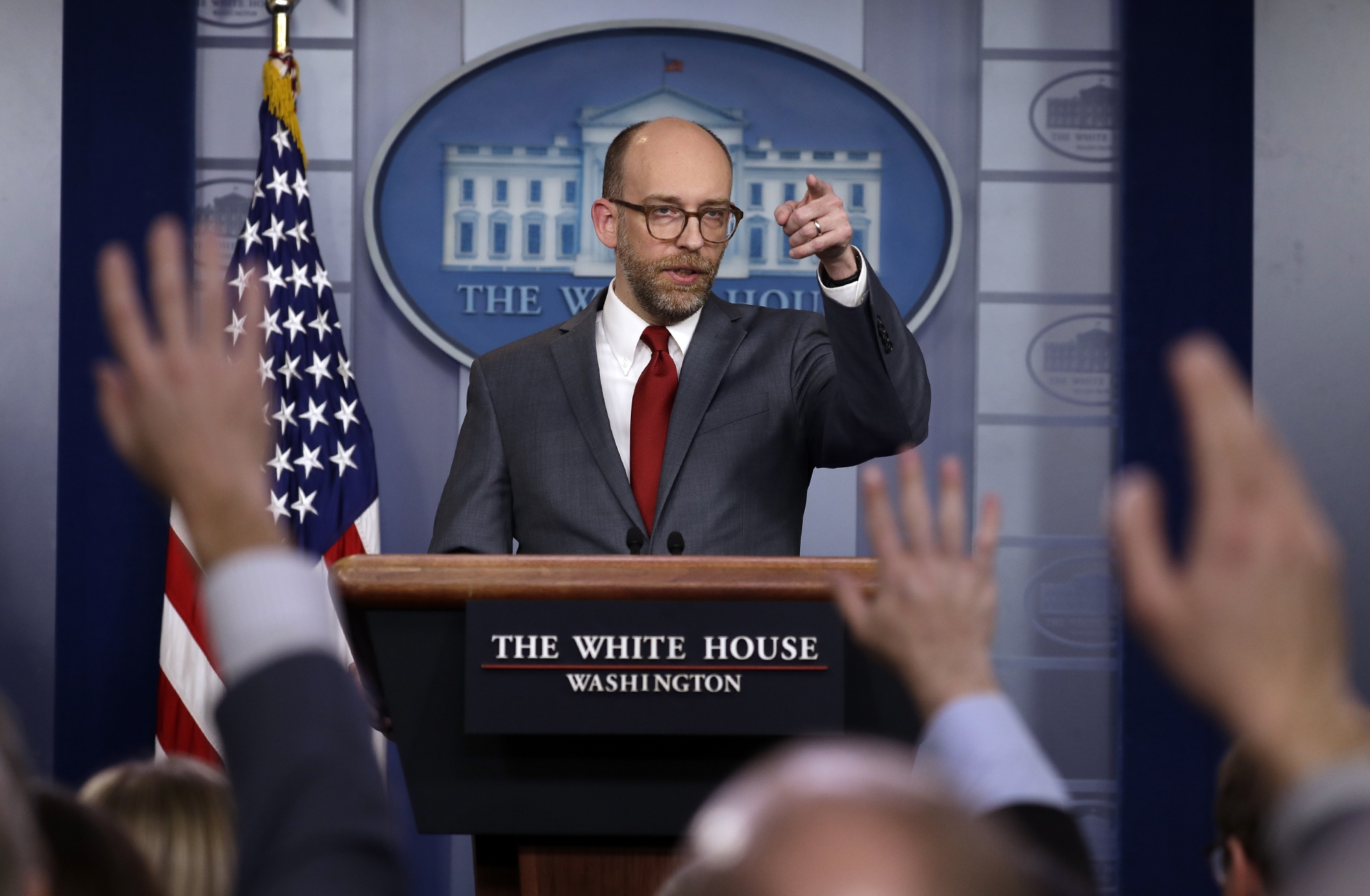 Russ Vought, director of the White House Office of Management and Budget, speaks at a press briefing during President Trump