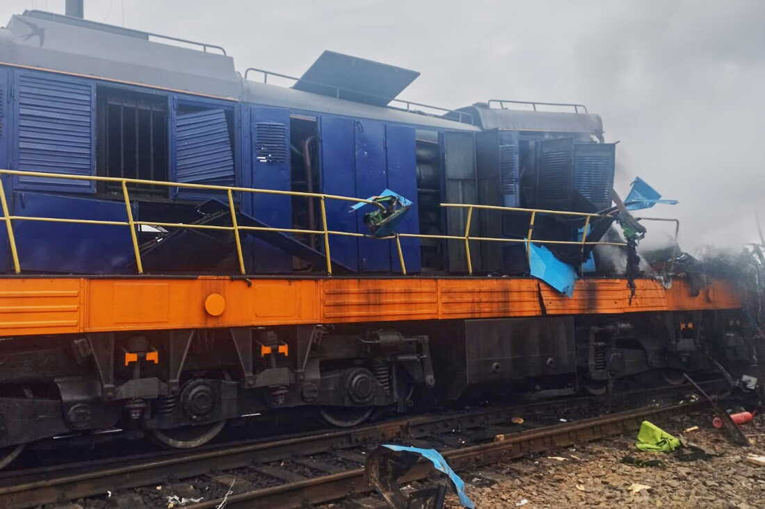 In this photo provided by the Ukrainian Ukrzaliznytsia Railway Company Press Office, a locomotive damaged in a Russian drone attack is seen at Yahodyn railway station near Ukraine's border with Poland, Ukraine, Sunday, Sept. 13, 2026.