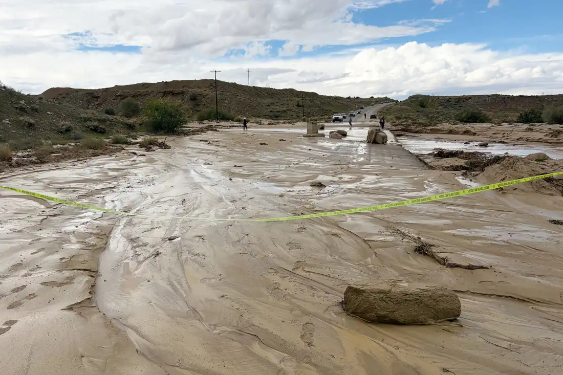 A flooded road east of Northern Edge Navajo Casino on N36 in Shiprock, New Mexico.