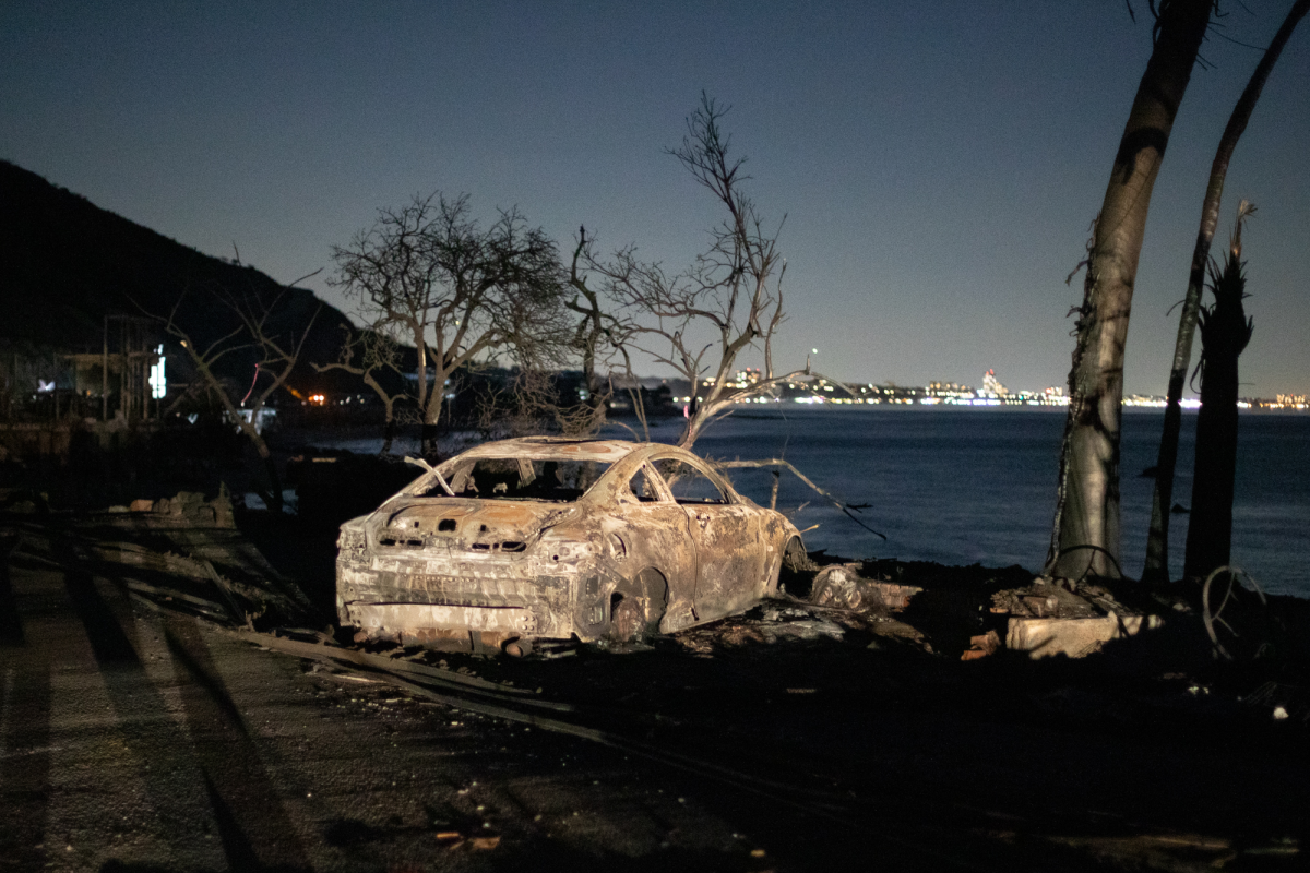 The aftermath of the Palisades Fire is seen on an impacted stretch of the Pacific Coast Highway.