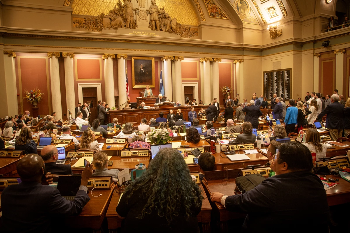 Members of the Republican caucus stood on the House floor on the final day of the 2024 legislative session in Minnesota. The Legislature ran right up to its midnight deadline on May 19, with a shouting fest.