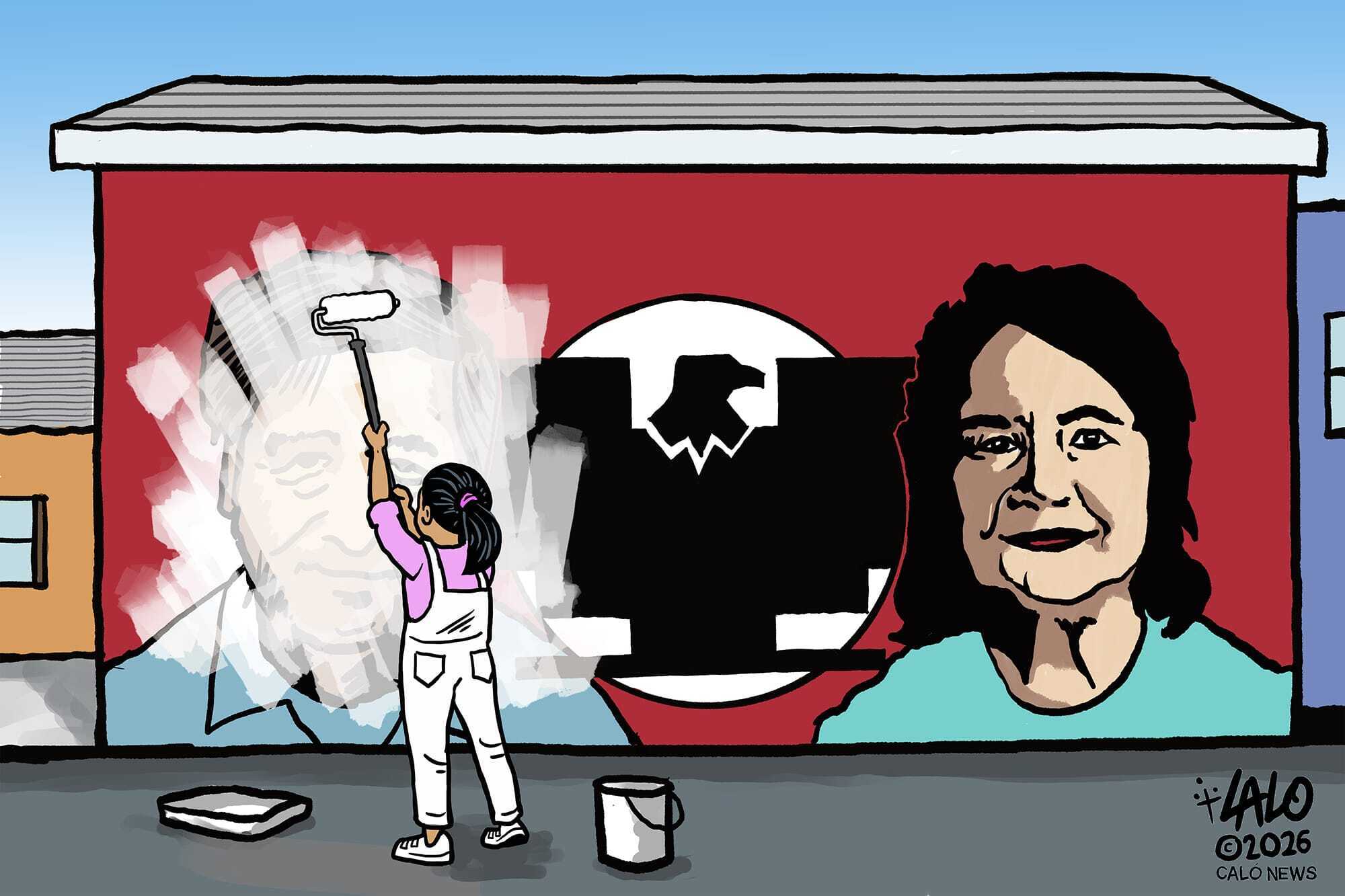 Cesar Chavez and Dolores Huerta were co-founders of the United Farm Workers. On March 18, Huerta issued <a href="https://medium.com/@dolores_huerta/march-18-2026-e74c20430555?postPublishedType=initial"target="_blank" >a statement</a> alleging that Chavez raped her. Cartoonist Lalo Alcaraz says creating this image was a sort of therapy.