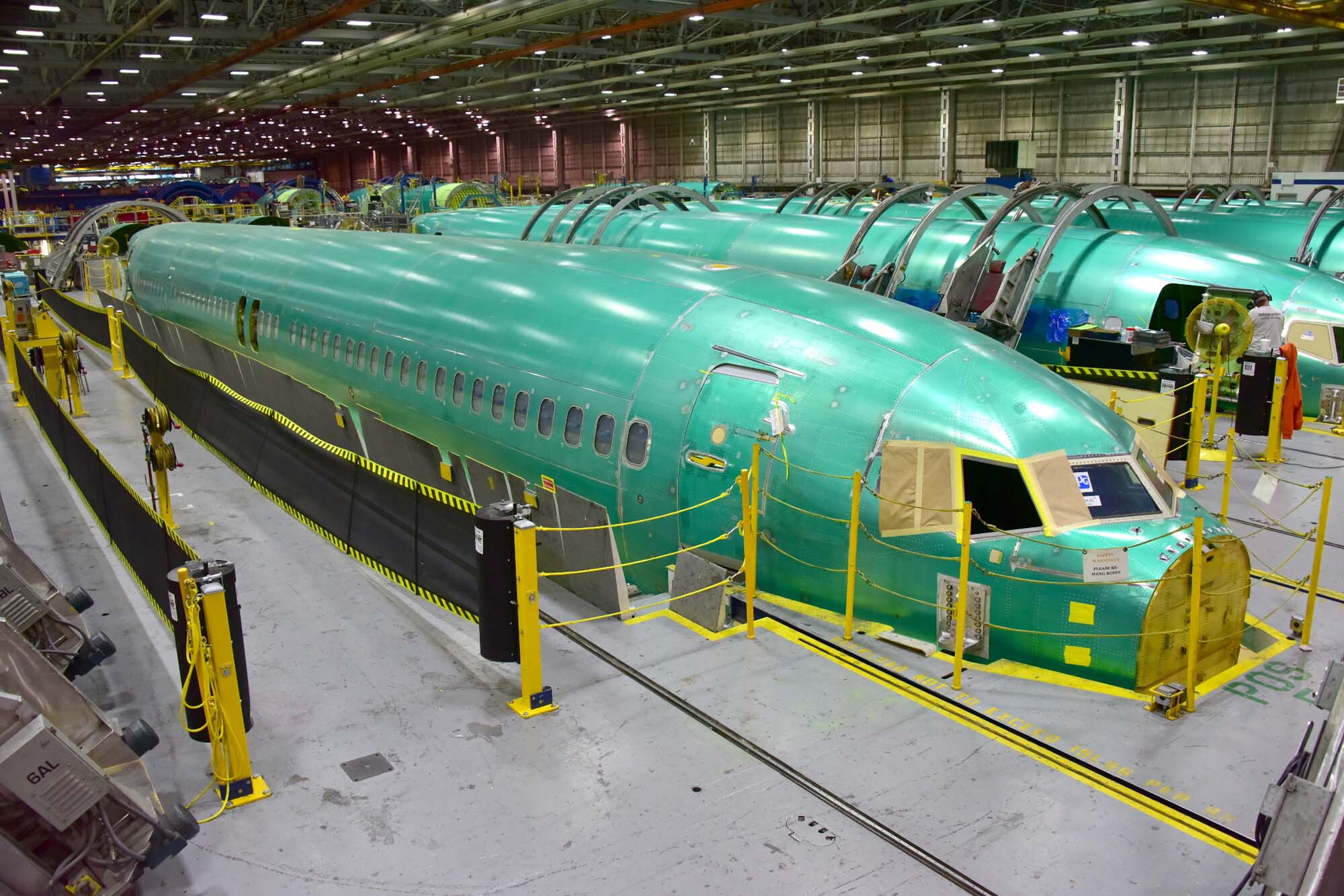 Unfinished fuselages for the Boeing 737 during production at the Spirit AeroSystems factory in Wichita, Kan.