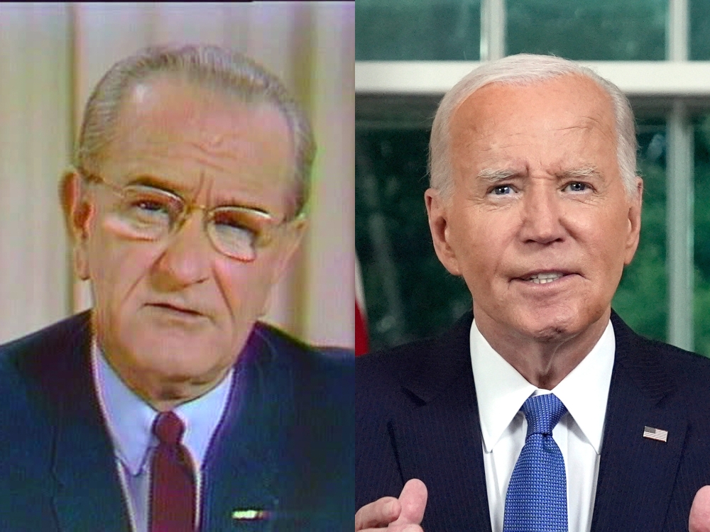  Left: President Lyndon B. Johnson announcing he will not seek or accept the nomination for re-election and orders a halt to the bombing of North Vietnam, March 31, 1968. Image is a screen grab. Right: US President Joe Biden delivers a prime-time address to the nation in the Oval Office of the White House in Washington, DC, US, on Wednesday, July 24, 2024. 