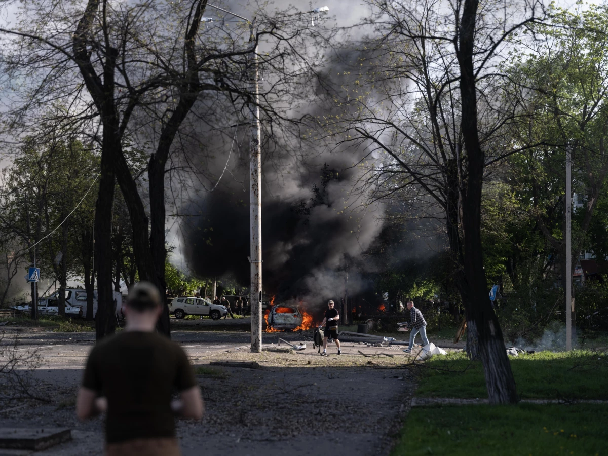 This photo provided by Ukraine's 93rd Kholodnyi Yar Separate Mechanized Brigade press service, shows the site of an aerial guided bomb strike after Russia's air attack in Kramatorsk, Donetsk region, Ukraine, Tuesday, May 5, 2026.