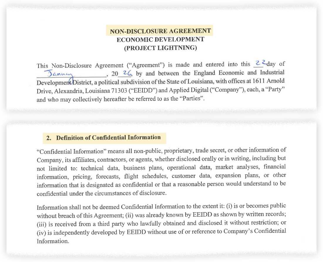 Typewritten paragraphs from a legal document are shown. The heading at the top says, "Non-disclosure agreement," and "Economic Development" and "(Project Lightning)."