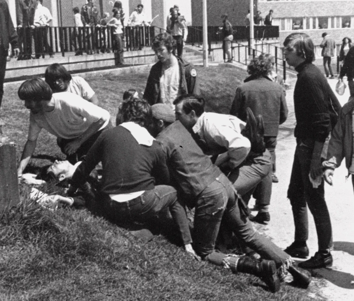 A Kent State University student lies on the ground after National Guardsman fired into a crowd of demonstrators on May 4, 1970, in Kent, Ohio.