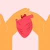 In this illustration, two orange hands embrace a red heart for donation.
