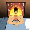 This illustration shows a teenage boy sitting cross-legged on a bed with his phone in his hands. A mirror is behind him, and in the reflection, you can see he is gambling. Cards, dice and poker chips fall from the sky in the reflection.