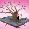 In this illustration, a large tree grows out of a cracked digital tablet screen. A student sits under the tree reading a book.