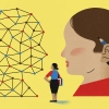 Two large heads face each other: on the left, a network of nodes representing AI, and on the right, a human child. A teacher stands in the middle, looking at the AI on the left. 