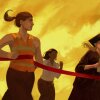 This illustration shows people in various styles of clothing running across a finish line.