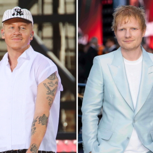 FILE - Recording artist Macklemore appears on ABC's "Good Morning America" Summer Concert Series in Central Park in New York on July 22, 2022, left, and Ed Sheeran appears at the premiere of the film "F1 The Movie" in London on June 23, 2025.