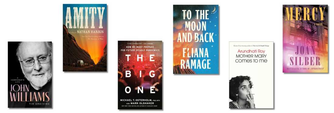 Book covers of: Amity, by Nathan Harris; The Big One, by Michael T. Osterholm and Mark Olshaker; John Williams: A Composer’s Life, by Tim Greiving; Mother Mary Comes to Me, by Arundhati Roy; To the Moon and Back, by Eliana Ramage; Mercy, by Joan Silber