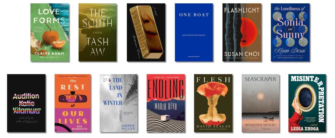 Book covers of Love Forms; The South; Universality; One Boat; Flashlight; The Loneliness of Sonia and Sunny; Audition; The Rest of Our Lives; The Land in Winter; Endling; Flesh; Seascraper; Misinterpretation