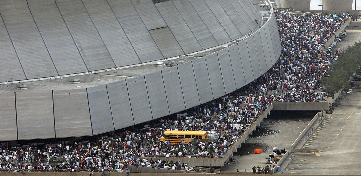 Victims of Hurricane Katrina are shown outside the Louisiana Superdome as they wait for evacuation, on Sept. 1, 2005, in New Orleans.