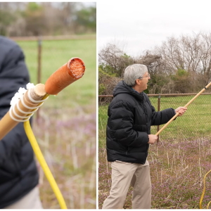 Screenshots from a March 2024 YouTube video show radio engineer Joe Geerling using a long stick and jumper cables to test the power of an AM radio tower in St. Charles. The end of the hotdog was burned away in seconds.