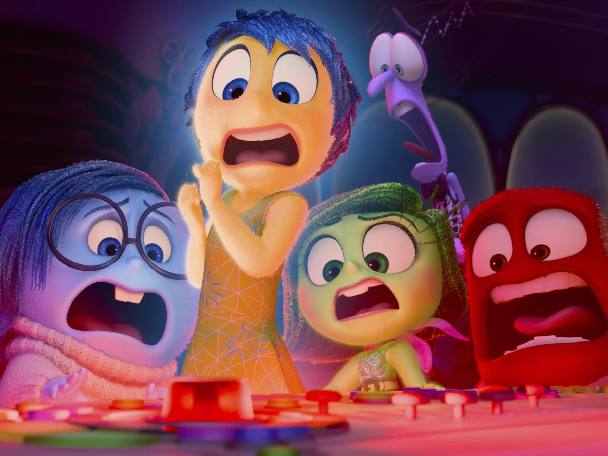 This image released by Disney/Pixar shows, from left, Sadness, voiced by Phyllis Smith, Joy, voiced by Amy Poehler, Disgust, voiced by Liza Lapira, Fear, voiced by Tony Hale and Anger, voiced by Lewis Black, in a scene from Inside Out 2.