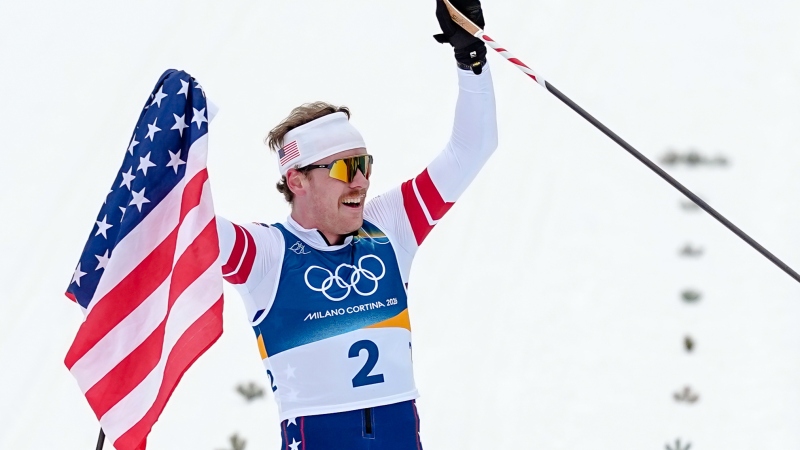 Ben Ogden, of the United States celebrates after winning the silver medal in the cross-country skiing men's sprint classic at the 2026 Winter Olympics, in Tesero, Italy, Tuesday, Feb. 10, 2026.